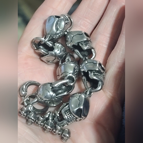 Spike Stainless Silver Tone Skull Link Bracelet Large Chunky - Picture 2 of 8